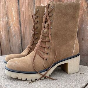 OASIS SOCIETY Women’s Tan Chelsea Lace Up Chunky Heel Mid Calf Boot Size 7.5